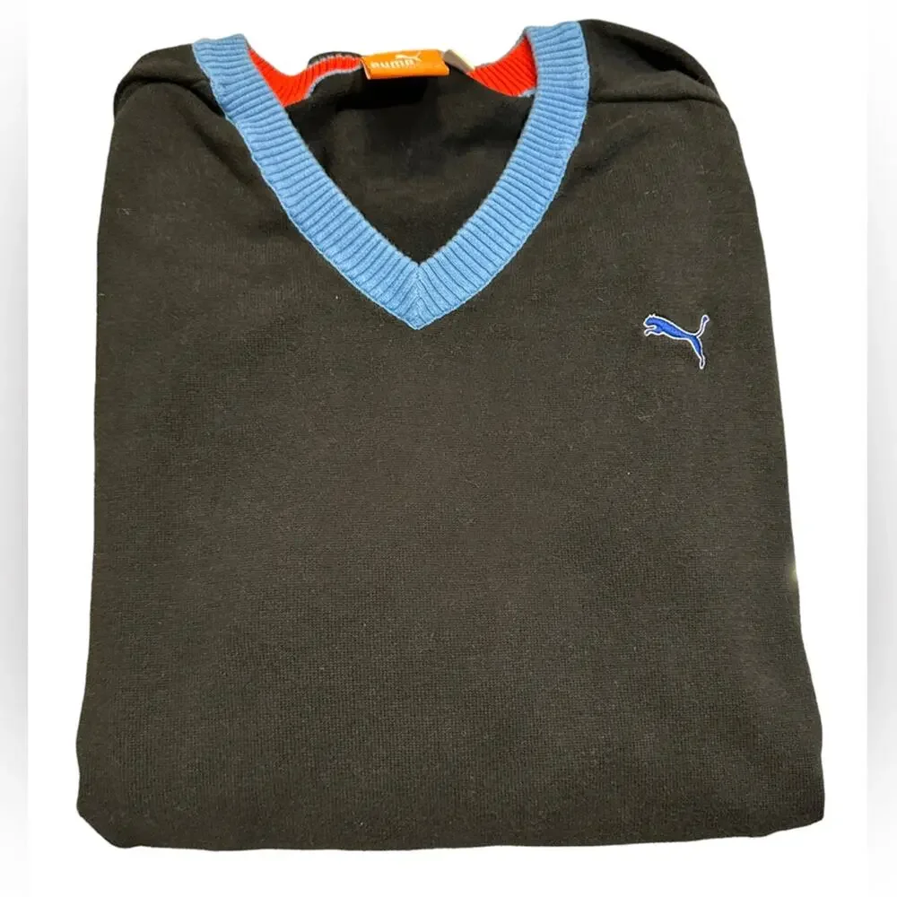 Puma Mens 3XL V-Neck Black Sweater with Blue Elbow Patches Trim and Logo